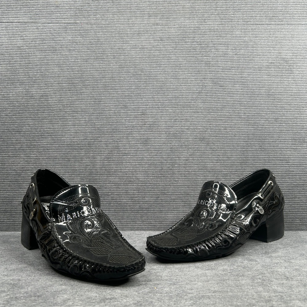 Mario Bruni Black Patent Leather Embroidered Block Heel Loafers  Italy Y2k - Picture 2 of 9